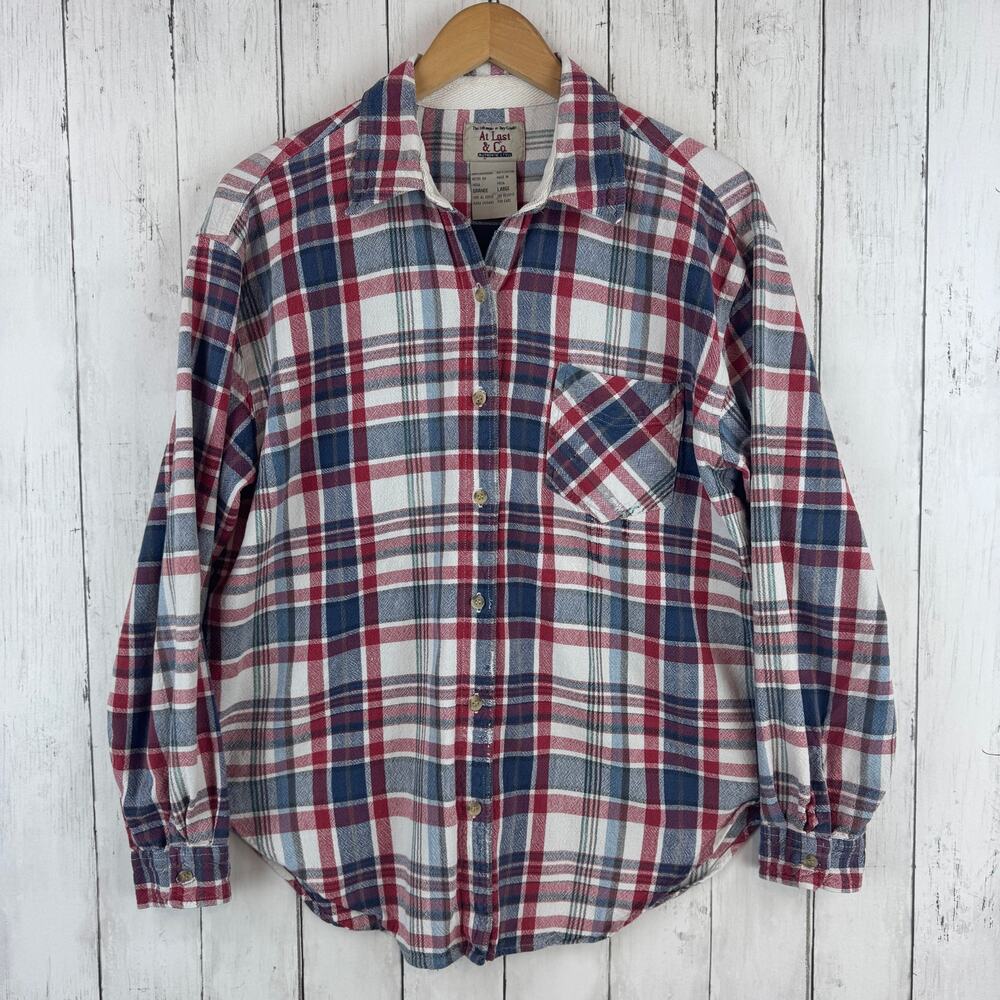 At Last & Co. Red Blue Plaid Cotton Flannel Button-Up Long Sleeve Shirt Large